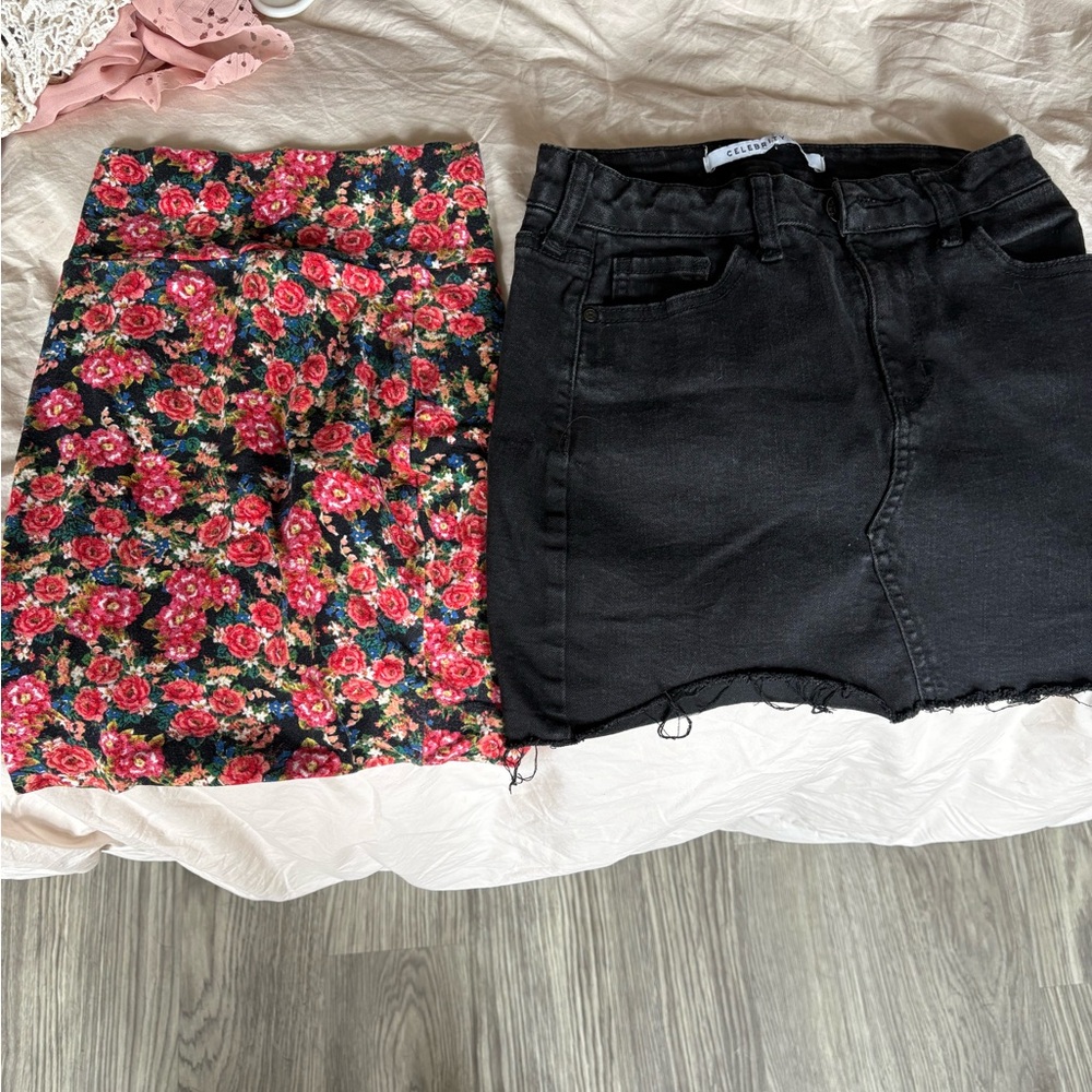 Floral and Black Denim Skirt Set